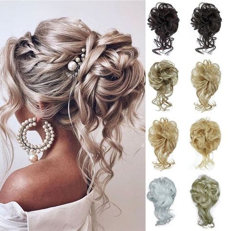 Svecane Frizure, Curly Updos For Medium Hair, Curly Bun Updo, Bun Extensions, Butter Blonde, Messy Curly Bun, Messy Hair Updo, Messy Wedding Hair, Curly Bun