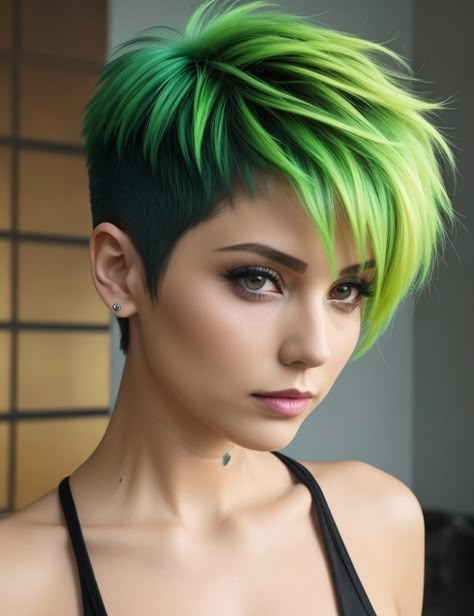 peekaboo hair color Female Undercut Short Hair, Short Hair Peekaboo Color, Green Pixie Cut, Punk Hair Color, Pixie With Undercut, Peekaboo Hair Color, Short Green Hair, Pixie Hair Color, Peekaboo Hair Colors