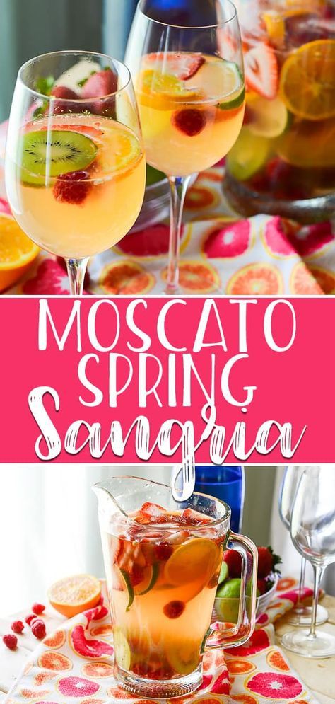 Sweet, bubbly, and aromatic, this fruity Spring Moscato Sangria is steeped in citrus, berries, and kiwi, and is perfect for any springtime get-together! Moscato Sangria Recipes, Cocktails Spring, Spring Drinks, Moscato Sangria, Best Mixed Drinks, Sangria Cocktail, Spring Drink, Drink Poster, Malibu Rum