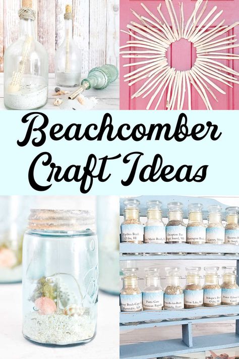 So, you've gone to the beach and collected shells, sea glass, and driftwood- now what? Here are some fun craft and DIY ideas for a beachcomber! Wonderful ways to show off and enjoy your beach treasures. Diy Shell Decor Ideas, Sand And Shell Display Ideas, How To Display Shells From The Beach, Beach Finds Crafts Ideas, Ideas For Shells From The Beach, Sand Display Ideas, Sea Shell Display Ideas, Diy Beach Crafts, Beach Sand Crafts