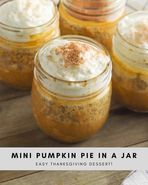 Pumpkin pie is SO good, but sharing dishes is maybe not the best idea this Thanksgiving. But everyone can have their pie {and eat it, too!} with these adorable individual pumpkin pies! They're served in mini mason jars for ultimate cute factor, but they have all the yummy taste of traditional pumpkin pie! Whether you're trying to have a social distancing/ quarantine friendly Thanksgiving, are watching portions, or just want a cute dessert, these are perfect! Pumpkin Pie In A Jar, Pie In A Jar, Mason Jar Desserts, Mini Dessert Recipes, Pumpkin Custard, No Bake Pumpkin Pie, Mini Pumpkin Pies, Traditional Pumpkin, Easy Pumpkin Pie