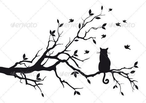 Cat Sitting On Tree Flying Illustration, Simple Tree Tattoo, Cat Flying, Tree Tattoo Arm, Pet Silhouette, Tattoo Tree, Animal Background, White Wing, Family Tree Tattoo