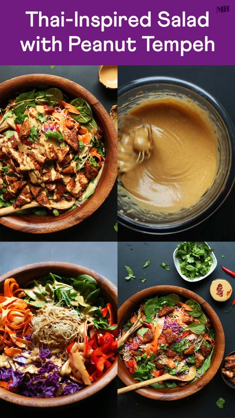 30-minute salad with rainbow veggies, noodles, and marinated peanut tempeh! Dress with peanut sauce for a flavorful, nourishing, plant-based meal! Peanut Tempeh, Salad With Veggies, Rainbow Veggies, Vegan Caesar Salad, Thai Salad, Yams Recipe, Mango Curry, Thai Salads, Healthy Plant Based Recipes