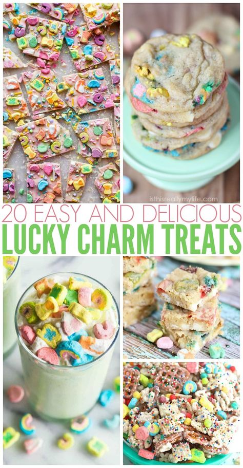 20 Easy And Delicious Lucky Charm Treats | Mamanista! Lucky Charm Treats, Lucky Charms Recipes, Cookies White Chocolate, Lucky Charms Treats, Rice Crispy Treats Recipe, Chocolate Blondies, White Chocolate Blondies, Lucky Charms Marshmallows, St Patrick Day Treats