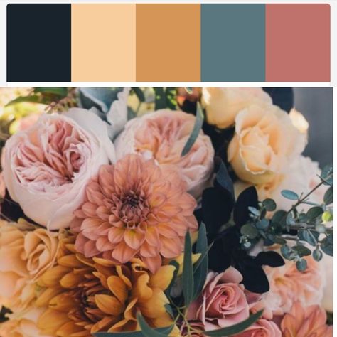 Blue Peach Bedroom, Navy Pink Yellow Color Palettes, Rose Gold Color Palette Colour Schemes, Dusty Blue Color Combination, Peach And Blue Color Palette, Blue And Cream Color Palette, Dusty Rose Color Palette, Mustard Color Scheme, Cornflower Wedding