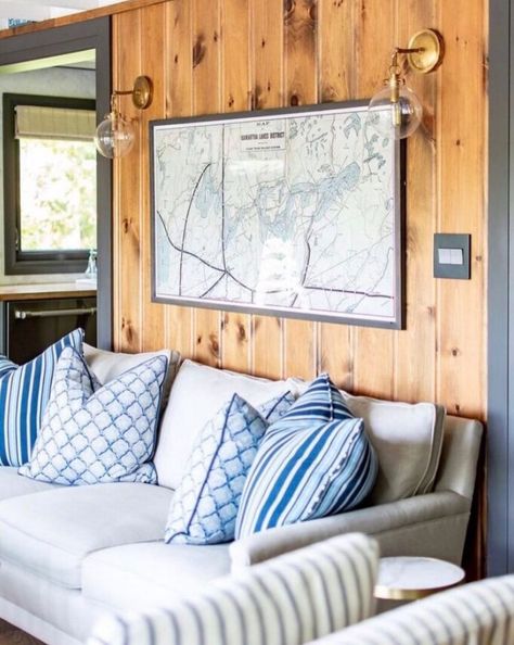 Lake House Pine Walls, Cabin Room Decor Ideas, Tiny Lake Cottage Interior, Lake Bedroom Decor Ideas, Lake Home Decorating Ideas Cozy, Lake House Updates, Maine Cottage Interiors Decorating Ideas, Small Lake House Living Room Ideas, Art For Lake House