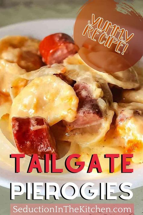 Tailgate Casseroles, Crockpot Pierogies, Pierogi Bake, Pierogies And Kielbasa, Brats And Sauerkraut, Bologna Recipes, Pierogi Casserole, Sausage Stuffed Mushrooms, Pierogi Recipe