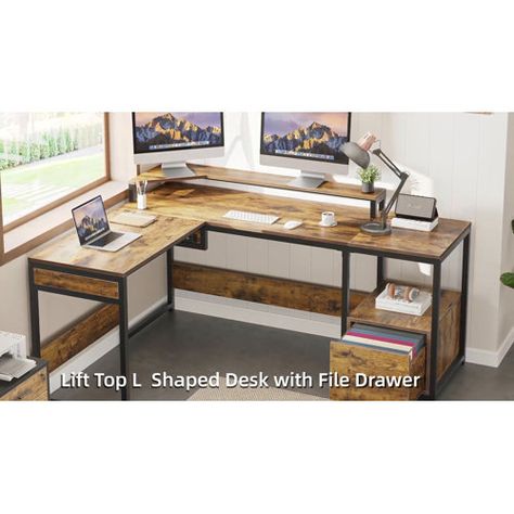 Procopio Height Adjustable Industrial-Chic L-Shape Desk with Storage Desk With File Drawer, Computer Desk With Shelves, File Cabinet Desk, Computer Desk With Hutch, Corner Computer Desk, Printer Stand, Ergonomic Desk, Work Station Desk, Monitor Stand