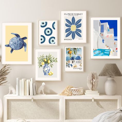 Blue Gallery Wall Art Set Of 6, Greece summer wall art, Santorini art print, Flower Market Print Set, Living Room Art, PRINTABLE WALL ART de DecoVibeStudio en Etsy Blue Gallery Wall, Flower Market Print, Greece Summer, Summer Wall Art, Gallery Wall Art Set, Print Flower, Gallery Wall Art, Room Art, Flower Market