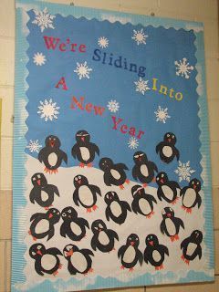 Dew Drop Into First Grade: Sliding into a New Year Penguin Bulletin Board Ideas, New Years Classroom, Penguin Bulletin Board, Back To School Board, Door Bulletin Boards, Christmas Bulletin Boards, January Bulletin Boards, Winter January, Reading Bulletin Boards