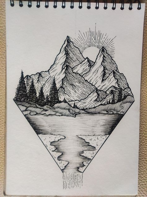 Mountain Scene Tattoo Design, Mountain Tattoo Drawing, Mountain Tattoo Stencil, Wander Drawing, Backpacking Tattoo, Mountains Tattoo Design, Mountain Scene Tattoo, Mountain Drawings, Cool Nature Tattoos