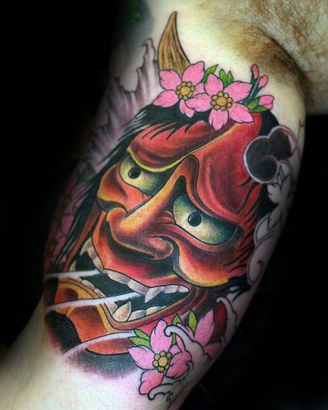 Mens Inner Arm Bicep Hannya Mask Tattoo Mask Tattoo Ideas, Hanya Mask Tattoo, Japanese Skull, Mask Tattoos, Inside Bicep Tattoo, Japanese Mask Tattoo, Koi Tattoo Sleeve, Oni Mask Tattoo, Oni Tattoo