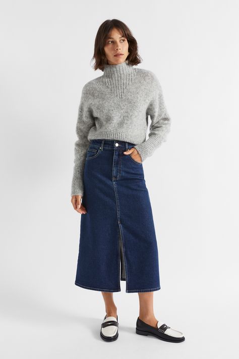 Denim Midi Skirt Outfit, Denim Skirts Knee Length, Midi Flare Skirt, Denim Skirt Outfits, Seed Heritage, Skirts Online, Denim Midi Skirt, Spring Tops, Denim Flares