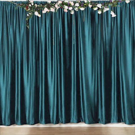 Premium Velvet Backdrop Stand Curtain Panel Drape | TableclothsFactory Velvet Backdrop, Ceiling Drapery, Pipe And Drape Backdrop, Backdrop Fabric, Peacock Teal, Color Peacock, Velvet Drapes, Gold Curtains, Pipe And Drape