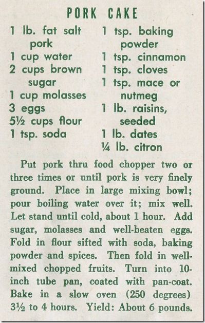 Pork Cake | Sounds... interesting. I'll have to check "the archives" for a non-animal fatted version. Pork Cake Recipe, Pork Pies Recipe English, English Pork Pie Recipe, Old Fashion Tea Cakes With Nutmeg, Pork Pie Recipe English, Pork Cake, Gingerbread Wacky Cake, 70s Dinner Party, Menu Christmas