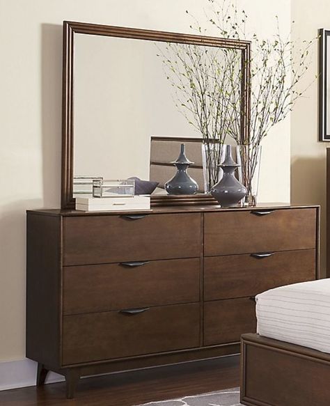 28 Decor Ideas for a Mid-Century Modern Bedroom Chest Of Drawers With Mirror, Drawers With Mirror, Top Decor Ideas, Mirror For Bedroom, Brown Dresser, Dresser Bed, Dresser And Mirror, Mid Century Modern Bedroom, Upholstered Panels