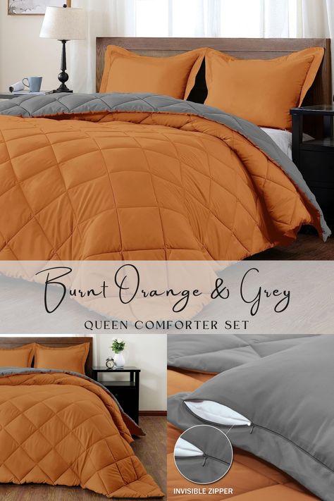 downluxe Queen Comforter Set - Burnt Orange/Grey Queen Comforter, Soft Bedding Comforter Sets for All Seasons, Queen Bed Comforter Set - 3 Pieces - 1 Comforter (88"x92") and 2 Pillow Shams(20"x26") Great for dorms, newly weds, teenagers and more! Rejuvenate your bedroom and pair beautifully with any sheet color. Queen Bed Comforter Set, Queen Bed Comforter, Soft Comforter Bedding, Orange Comforter, Bedding Comforter Sets, Bed Comforter, Bedding Comforter, Bed Comforter Sets, Grey Room