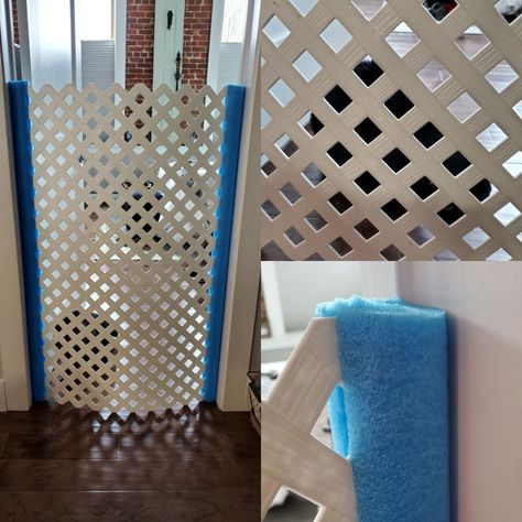 DIY cat dog pet baby gate PVC lattice cut to 1/4" less than frame 2 pool noodles Diy Cat Barrier Indoor, Diy Cat Gate, Cat Organization, Natural Fences, Pet Tricks, Dog House Heater, Diy Dog Gate, Diy Gate, Cat Gate