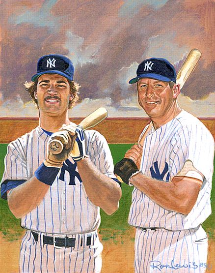 Don Mattingly and Mickey Mantle and together on the field by Ron Lewis, 1985 Don Mattingly, Mlb The Show, Damn Yankees, Baseball Art, Mickey Mantle, Yankees Baseball, Mlb Players, Ny Yankees, Sports Art