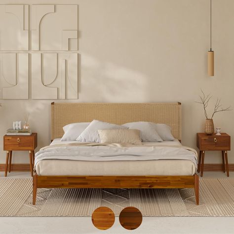 Boho Bed Frame, Mid Century Bed Frame, 12 Strong, Mid Century Bed, Unique Headboards, Rattan Bed, Wicker Headboard, Wood Platform Bed Frame, Solid Wood Platform Bed