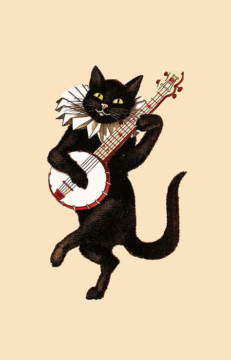 Black Cat Playing, Vintage Black Cat, A Black Cat, Cat Playing, Banjo, Ukulele, A Black, Vintage Black, Black Cat