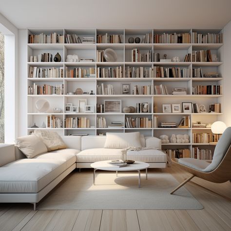 #aesthetic#design#library Living Room Library Ideas Modern, Library Room Aesthetic Modern, Built In Bookshelves Aesthetic, Built In With Seating, White Bookshelves Living Room, Minimalist Library Design, Library In Home Aesthetic, Home Library Aesthetic Modern, Neutral Home Library