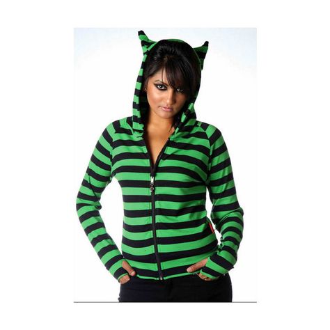 Living Dead Souls Black and Green Striped Kitty Ears Hoody (43 AUD) ❤ liked on Polyvore featuring jackets and coats & jackets Tattoo Clothing, Purple Hoodie, Striped Cat, Scene Kids, Striped Hoodie, Gothic Outfits, Workout Hoodie, Pink Floyd, Grunge Outfits