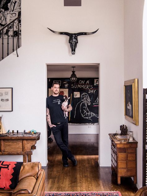 Meet Wes Lang: Kanye Collaborator, Taste God, and World's Most Badass Artist | GQ Wes Lang, Masculine Interior Design, Jazz Painting, Western Interior, Masculine Interior, Modern Western, Gq Style, Great Albums, Inspiring Spaces