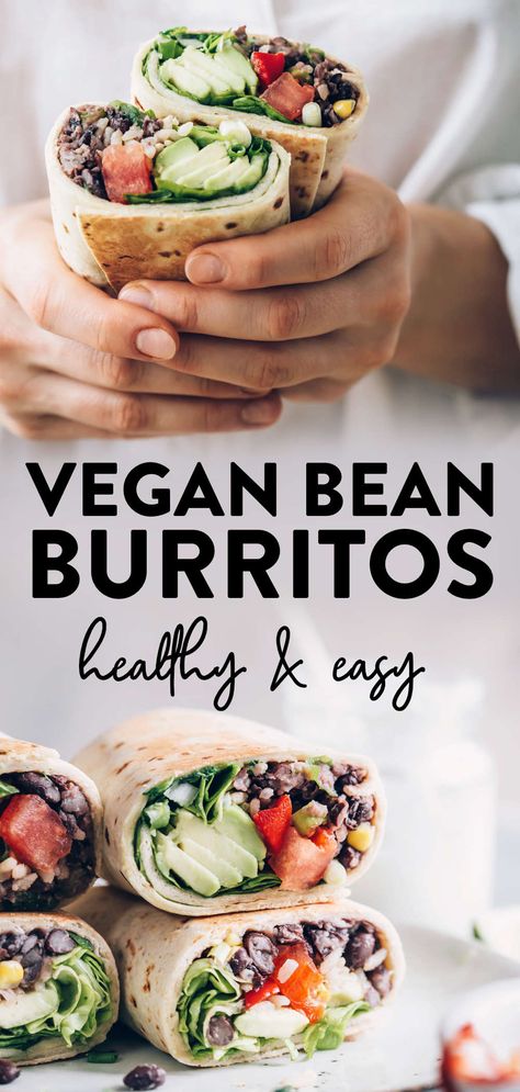 These healthy vegan bean burritos are the perfect quick homemade plant-based lunch or dinner! Using black beans, rice, avocado, veggies and tortilla wrap for this tasty vegan Mexican meal. Great for vegan beginners, for one, two, families or kids ��– even those who are on a budget. We love this quick & easy vegan high protein recipe not just on meatless Monday. Try it today or add it to your meal plan! Vegan Bean Burrito, Bean Burrito Recipe, Pancakes Low Carb, Vegan Bean, Bean Burrito, Tacos Mexicanos, Bean Burritos, Burrito Recipe, Plant Based Lunch