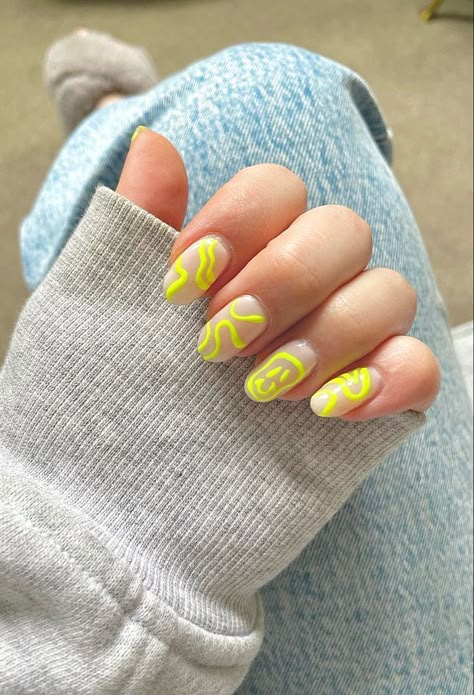 Neon Lines Nails, Yellow Funky Nails, Yellow Lines Nails, Nails With Neon Lines, Neon Yellow Nails With Design, Neon Line Nails, Yellow Neon Nails Design, Trendy Neon Nails, Neon Smiley Face Nails