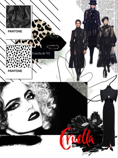 Mood board inspired by the movie Cruella Cruella Fashion Design, Costume Design Mood Board, Mood Board Fashion Portfolio, Cruella Moodboard, Movie Mood Board, Mood Board Fashion Inspiration Ideas, Moodboard Inspiration Mood Boards Ideas, Fashion Design Mood Board, Cruella Fashion