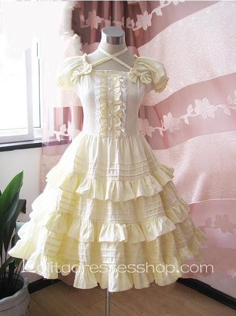 Lolita Light Yellow Cotton Square Neck Short Sleeves Bow Multilayer Sweet Dress Lolita Outfits, Trendy Skirts, Kawaii Style, Sweet Lolita, Sweet Dress, One Piece Dress, Lolita Dress, Gothic Lolita, Costume Dress