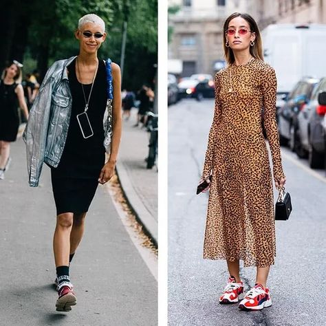 8 Going-Out Looks That Are Better With Sneakers - Brit + Co Going Out Outfits Sneakers, Sneakers Night Out Outfit, Going Out Sneaker Outfit, Going Out Outfits With Sneakers, Cocktail Dress With Sneakers, Glam Party Outfit, Barcelona Outfits, Clubbing Outfits Nightclub, Going Out Looks