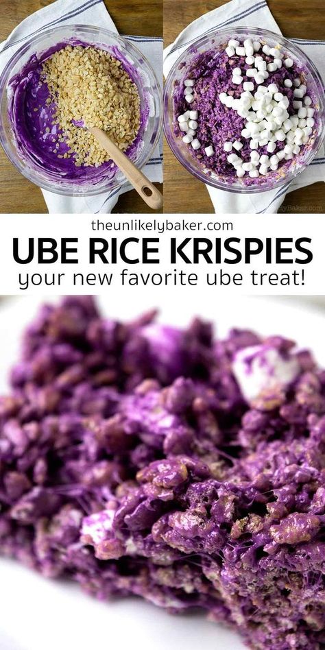 Purple Rice Crispy Treats, Purple Sweet Treats, Ube Marshmallows, Ube Rice Crispy Treats, Purple Food Recipes, Purple Snacks For Color Party, Ube Powder Recipes, Purple Food Ideas Snacks, Easy Filipino Desserts