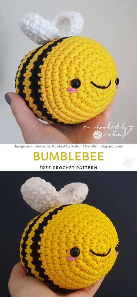 Sweet Bee Amigurumi. How sweet and fluffy is this adorable bumblebee? It's such a squishy, cute toy, that's going to be your kids bets friend! You can hang it as a window decoration as well, eventually the bumblebees place is in the sky!  #freecrochetpattern #bee #amigurumi Crochet Bees, Kat Haken, Crochet Stuffies, Bee Crochet, Bee Toys, Crochet Toys Free, Crochet Plushies, Crochet Bee, Things To Crochet