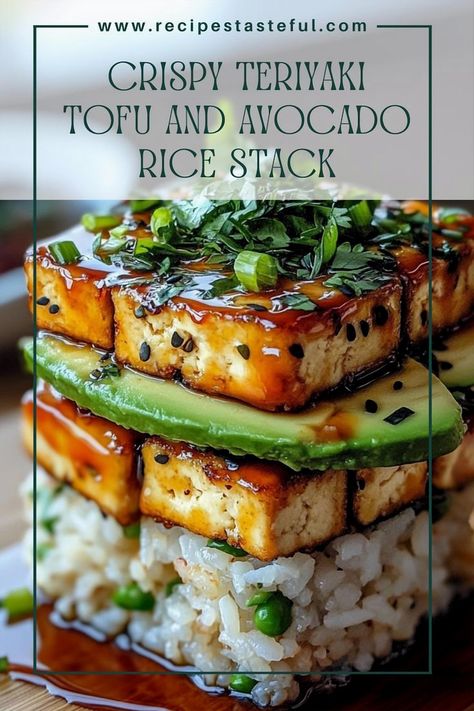 Savor a delightful and nutritious vegetarian dish with our Crispy Teriyaki Tofu and Avocado Rice Stack. Enjoy the perfect blend of crispy tofu, smooth avocado, and wholesome brown rice, all topped with a mouthwatering homemade teriyaki sauce. Ideal for a satisfying lunch or dinner! Crispy Teriyaki Tofu, Tofu And Avocado, Tofu Recipes Healthy, Avocado Rice, Tofu Recipes Vegan, Teriyaki Tofu, High Protein Vegan Recipes, Grocery Cart, Tofu Dishes