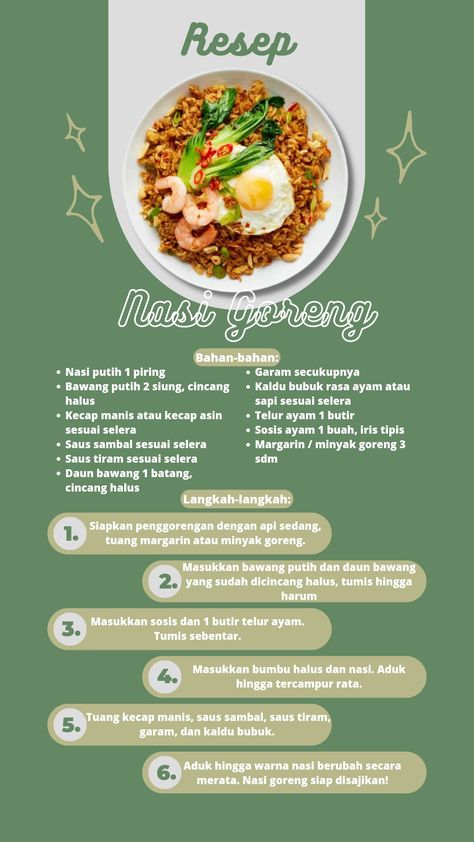 Nasi goreng adalah makanan khas Indonesia berupa nasi yang digoreng dan dicampur dalam minyak goreng, margarin, atau mentega. Biasanya ditambah dengan kecap manis, bawang merah, bawang putih, asam jawa, lada dan bahan lainnya; seperti telur, daging ayam, dan kerupuk. Nasi Goreng Recipe, Meal Planning Menus, Kecap Manis, Culinary Cooking, Homemade Cookbook, Asam Jawa, Food Receipt, Bento Recipes, Easy Food Art