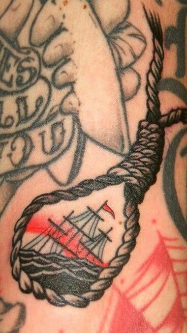 Hanging rope with sinking ship Rope Tattoo, Desenhos Old School, Americana Tattoo, Island Tattoo, Brain Tattoo, Wicked Tattoos, Nautical Tattoo, Facial Tattoos, Ship Tattoo