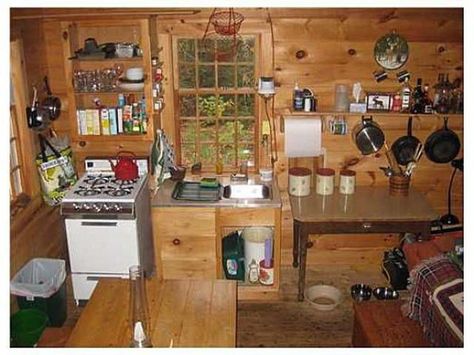 Homestead Shelter: 400 sq ft off grid cabin kitchen Cabin Kitchens Small, Small Log Cabin Kitchens, Small Cabin Kitchen Ideas, Log Cabin Kitchen Ideas, Small Cabin Kitchens, Small Cabin Ideas, Cabin Fun, Cabin Pictures, Log Cabin Kitchens