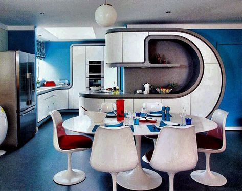 The Vault Of The Atomic Space Age Colorblock Wallpaper, Sci Fi Kitchen, Tulip Furniture, Space Age Interior, Space Age Furniture, Retro Interior Design, Futuristic Interior, Eero Saarinen, Best Kitchen Designs