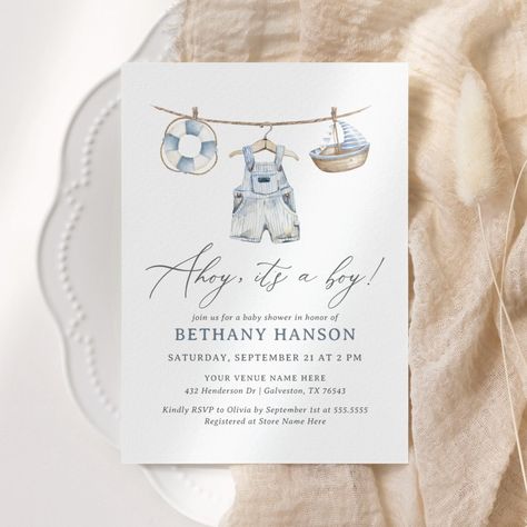 Ahoy It’s A Boy Baby Shower Theme, Beach Baby Shower Ideas, Ahoy Its A Boy Baby Shower Ideas, Coastal Baby Shower Theme, Nautical Baby Shower Boy, Nautical Baby Shower Invitations, Ocean Baby Showers, Baby Boy Invitations, Beach Baby Showers