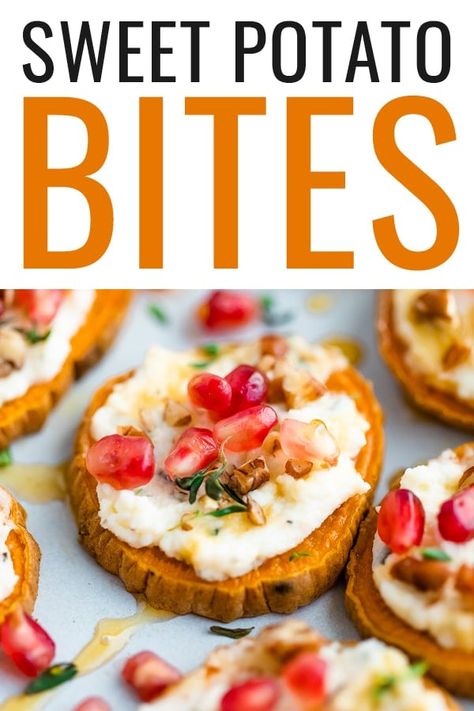 These baked sweet potato bites are topped with ricotta cheese, pecans, pomegranate, honey and fresh thyme. They’re the perfect blend of sweet and savory and are a quick and easy appetizer that everyone will love! Baked Sweet Potato Bites, Best Healthy Meals, Sweet Potato Bites, Guacamole Bites, Bird Food Recipes, Sweet Potato Nachos, Easy Sweet Potato, Sweet Potatoe Bites, Sweet Potato Biscuits