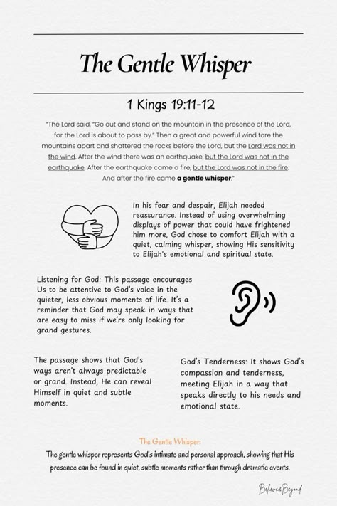 Discover the power of God’s gentle whisper through 1 Kings 19:11–12. In moments of fear and despair, God comforts Elijah with a calming, quiet whisper, reminding us that God often speaks in subtle ways. Perfect for devotional reflection and spiritual growth. #BibleReflection #FaithJourney #GodsWhisper #SpiritualInspiration #ChristianEncouragement Journal Bible Quotes, Bible Books, Bible Study Journaling, Understanding The Bible, Bible Study Methods, 1 Kings, Power Of God, Christian Bible Study, Bible Study Lessons