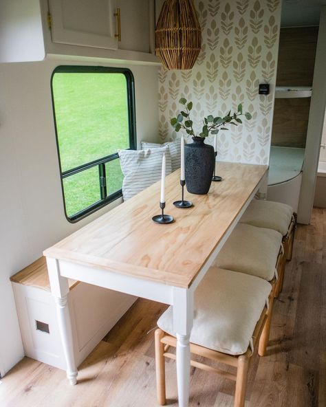 20 Skinny Dining Tables To Fit Those Small RV Spaces – Love That RV Rv Table Ideas, Camper Table, Micro Apartments, Motorhome Remodel, Rv Interior Remodel, Camper Trailer Remodel, Small Rv, Rv Homes, Diy Camper Remodel