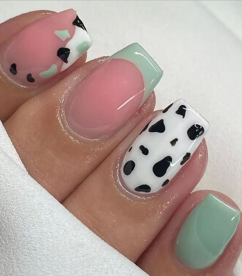 Elevate your manicure game with these chic sage green nail designs! Find inspo and ideas that are perfect for spring – just like these short sage green nails with a cow print design! Country Acrylic Nails, Sage Green Nails, Cowboy Nails, Western Nails, Country Nails, Fake Nails Designs, Cow Nails, Cute Simple Nails, Green Nail Designs