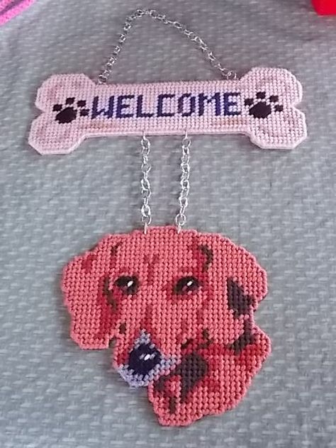 Plastic Canvas Dachshund Welcome Sign! Nespresso Crafts, Dachshund Pattern, Dog Patterns, Tissue Paper Holder, Plastic Canvas Stitches, Plastic Canvas Ornaments, Plastic Mesh, Diy Dollar Tree Decor, Canvas Wall Hanging