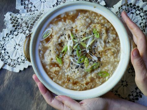 The Ultimate Recovery Congee — Nora Dummer | For the Love of Cuts and Burns Marinated Eggs, Congee Recipe, Sesame Paste, Rice Porridge, Shiitake Mushrooms, Garlic Oil, Chicken Spices, Post Partum, Shiitake Mushroom