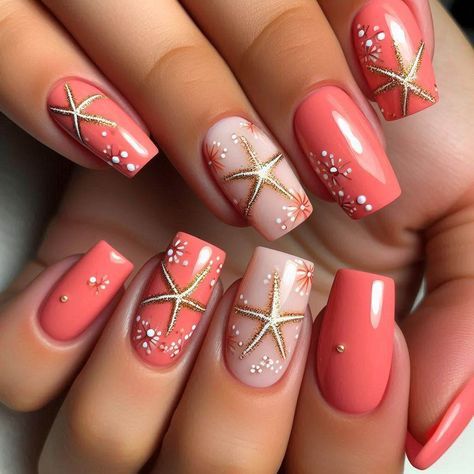 Coral Nail Ideas Art Designs, Coral Nail Art Designs, Coral And Gold Nails Design, Starfish Nail Design, Coral And Gold Nails, Nails Cruise, Coral Nail Designs, Starfish Nail Art, Coral Nail Art