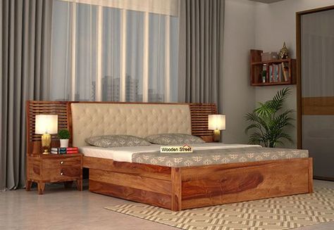 Persia Bed With Side Storage (Teak Finish) Teak Wood Cot Designs King Size, Cot Designs Bedrooms Beds, Back Bed Design, Latest Wooden Bed Designs Modern, Flora Bedroom, Bed With Side Storage, Latest Wooden Bed Designs, Wallpaper Bedroom Aesthetic, Teak Bed