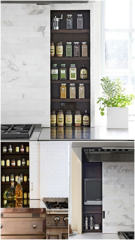 Sliding Backsplash for kitchen with hidden spice rack, power outlets Sliding Backsplash, How To Clean Granite, Wall Mounted Spice Rack, Kitchen Innovation, Past Mistakes, Kitchen Spice Racks, Ideal Kitchen, Spice Storage, Kitchen Spices